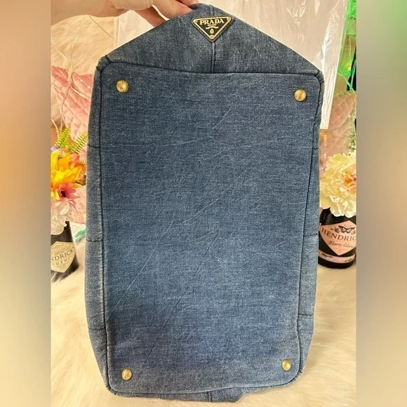 PRADA CANAPA LARGE DENIM TOTE AVIO BLUE LOGO BAG ITALY AUTHENTIC DUST BAG/CARD - Picture 11 of 16